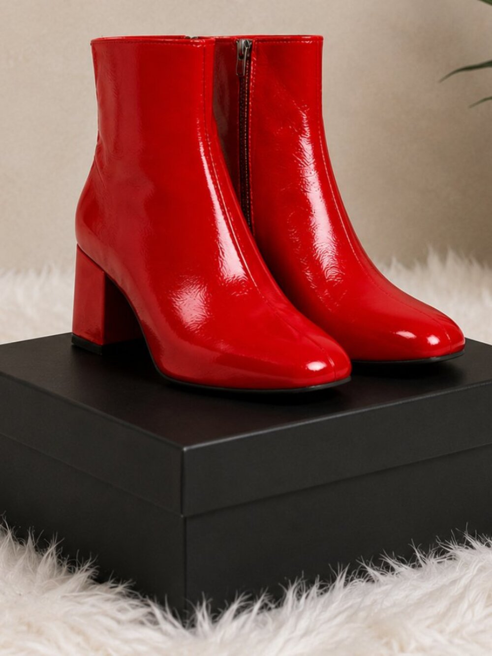 Women's Red Patent Chunky Heel Ankle Boots Square Toe NWT
